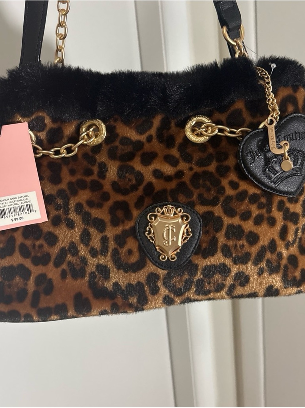 Leopard Print Faux-Fur Chain Shoulder Bag - Black Trim